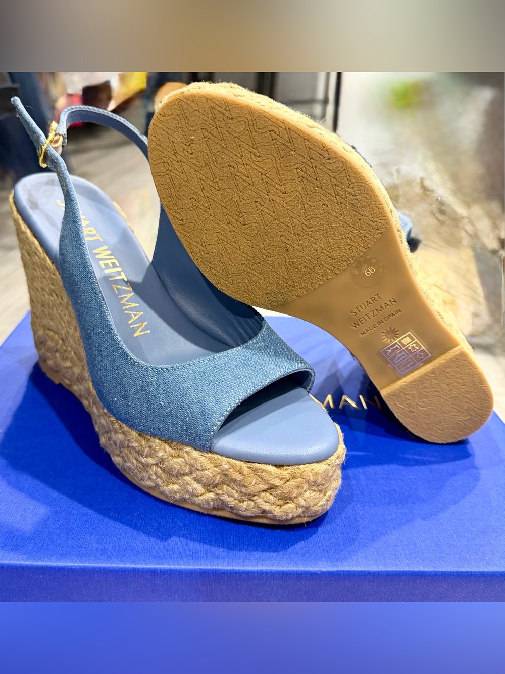Stuart Weitzman Blue Denim Peep Toe Espadrille Wedge Slingback Sandals - Picture 5 of 6